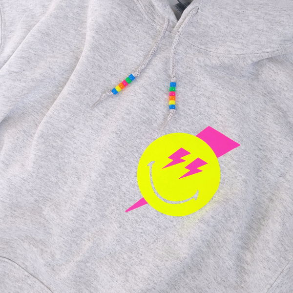 Neon Pink Smiley Face Lightning Bolt Beaded Hoodie