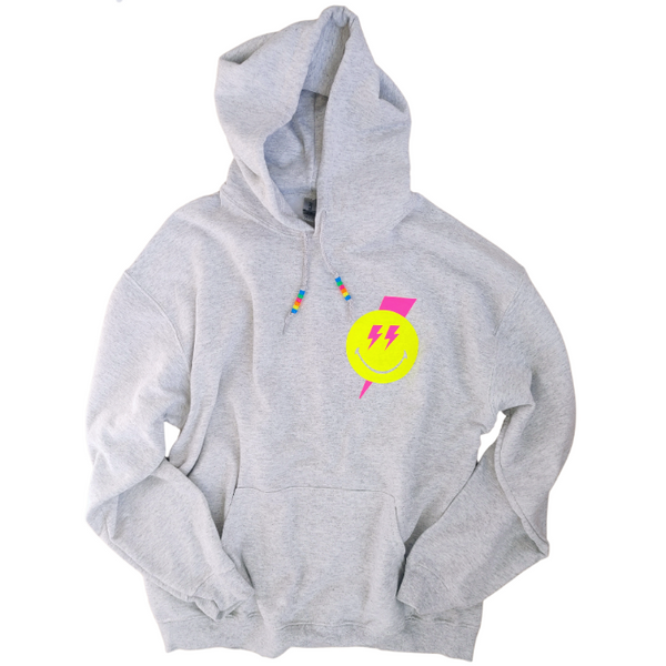 Neon Pink Smiley Face Lightning Bolt Beaded Hoodie