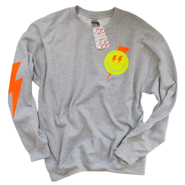 Smiley Face Lightning Bolt Crewneck Sweatshirt.