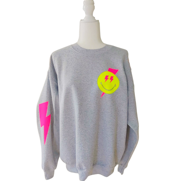 Smiley Face Lightning Bolt Crewneck Sweatshirt.