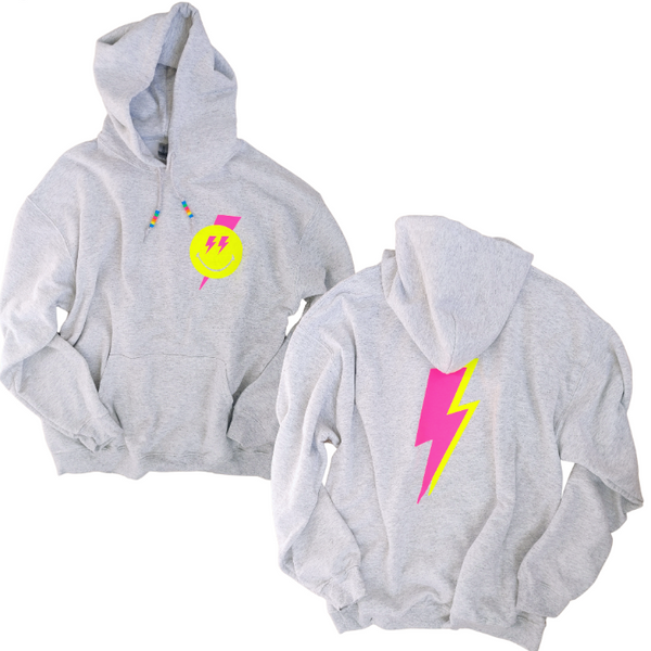 Neon Pink Smiley Face Lightning Bolt Beaded Hoodie