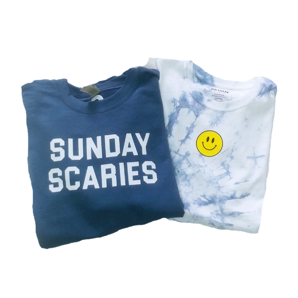 Blue Tie-Dye Smiley Face T-Shirt & Sunday Scaries Sweatshirt.
