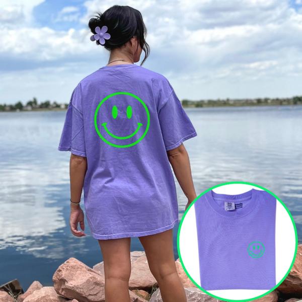 Neon Green Smiley Face Violet Purple Comfort Colors T-Shirt