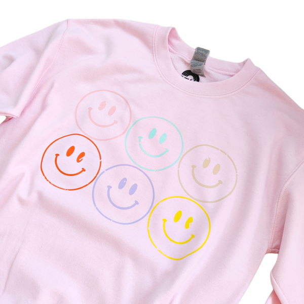 Distressed Smiley Face Crewneck Sweatshirt.
