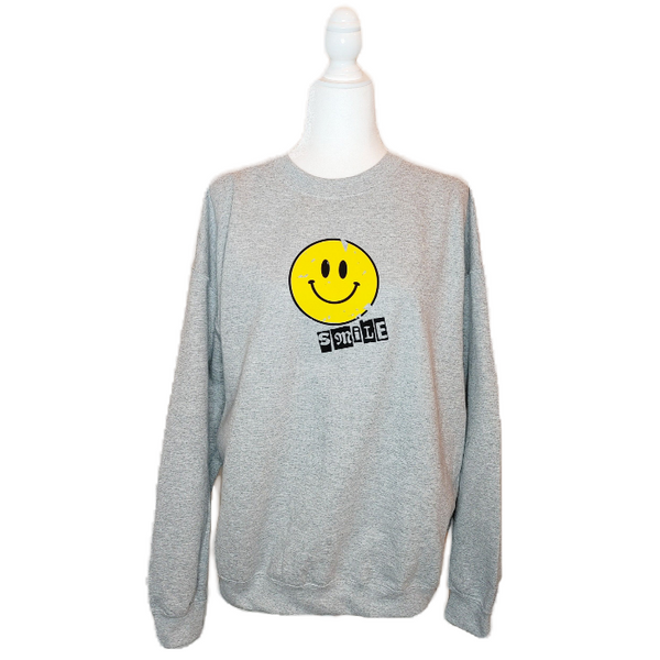 Distressed Smiley Face Crewneck Sweatshirt.