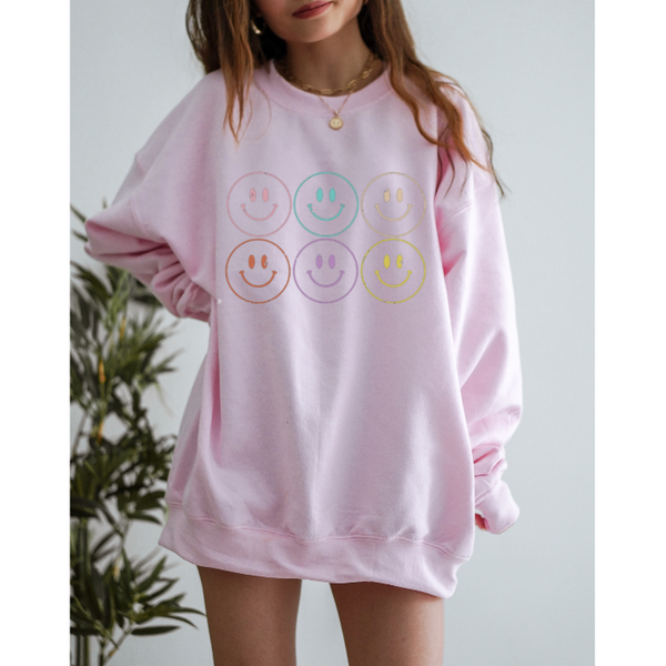 Distressed Smiley Face Crewneck Sweatshirt.
