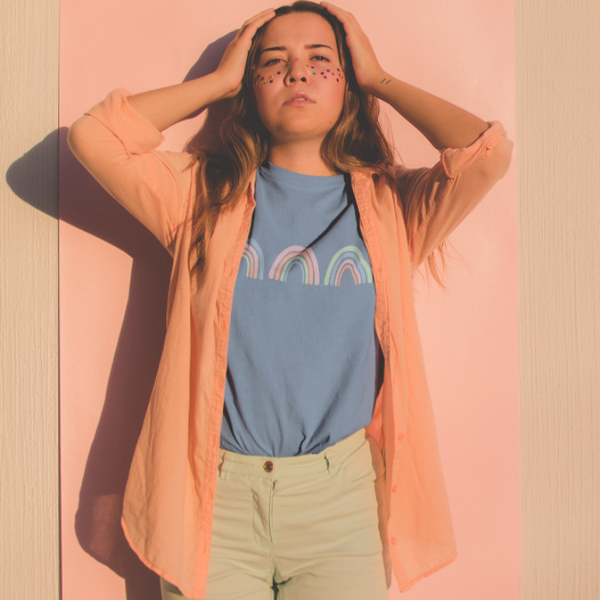 Colorful Rainbow Blue Jean T-Shirt.