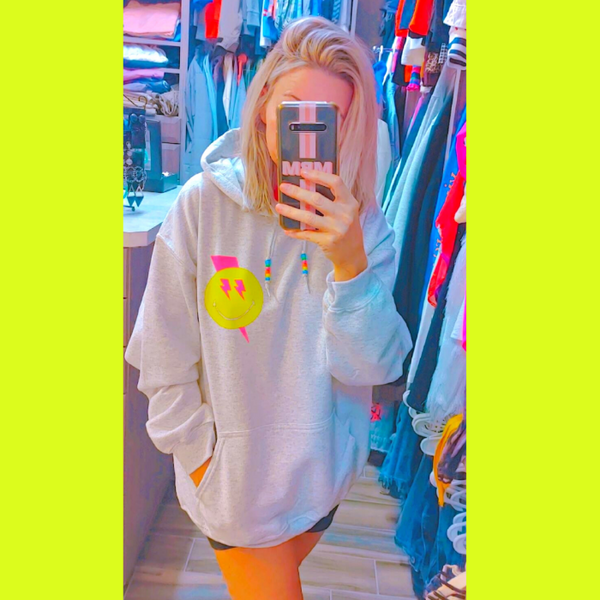 Neon Pink Smiley Face Lightning Bolt Beaded Hoodie