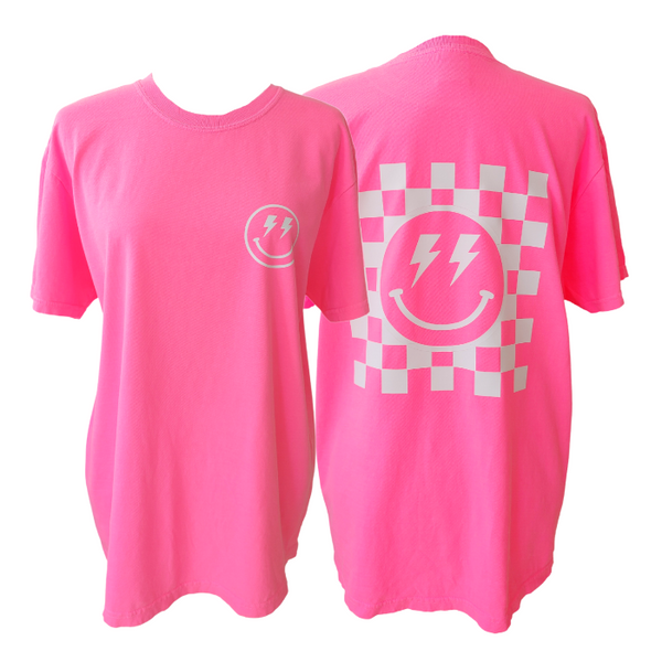 neon pink smiley face checkerboard lightning bolt t-shirt