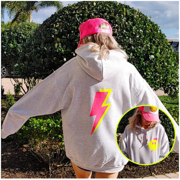 Neon Pink Smiley Face Lightning Bolt Beaded Hoodie