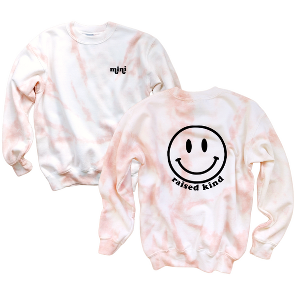 Mini Tan Tie-Dye Smiley Face Raise Them Kind Sweatshirt.