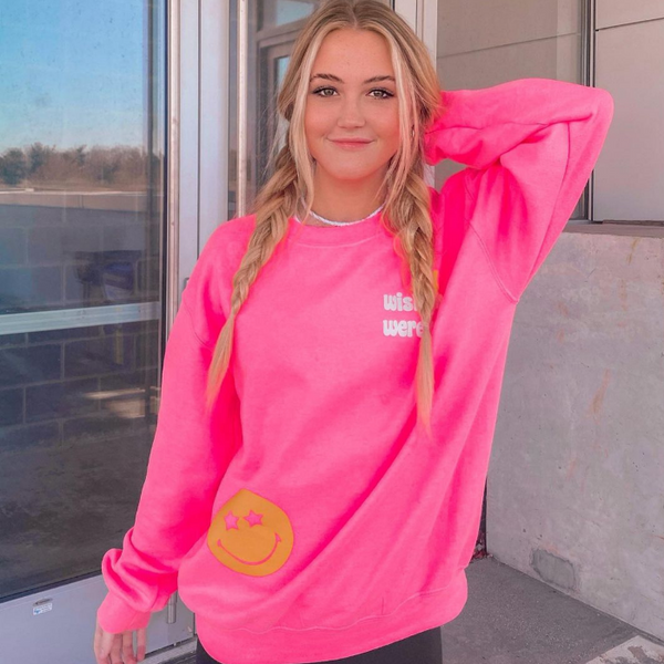 Pink Smiley Face Lightning Bolt Sweatshirt.