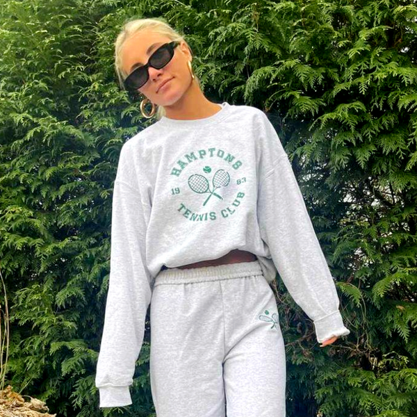 Ash distressed Hamptons Tennis Club Oversized Crewneck Preppy Sweatshirt