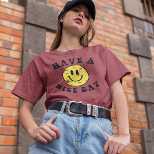 Distressed Have a Nice Day Smiley Face Graphic T-Shirt.
