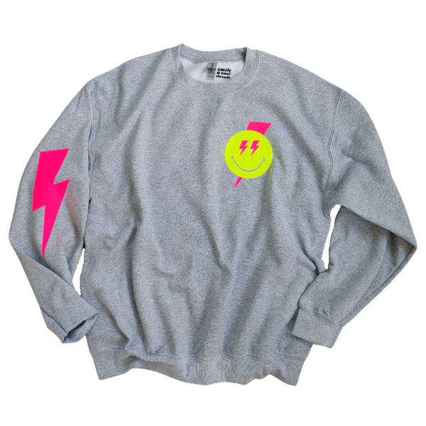 smiley face neon pink lightning bolt crewneck sweatsuit set