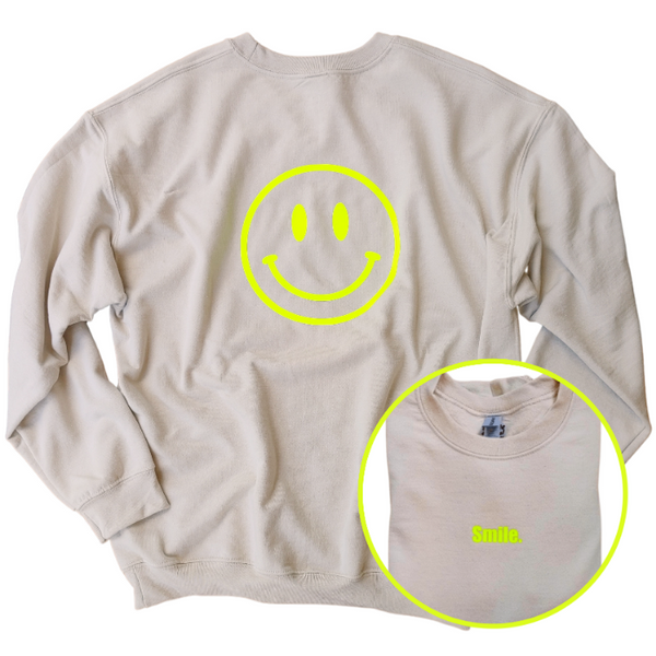 Neon Yellow Smiley Face Sweatshirt in the color Sand.