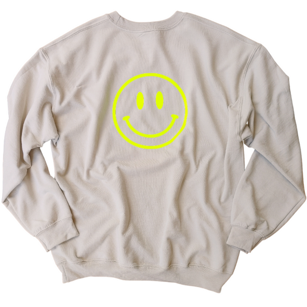 Neon Yellow Smiley Face Sweatshirt in the color Sand.