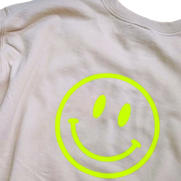 Neon Yellow Smiley Face Sweatshirt in the color Sand.