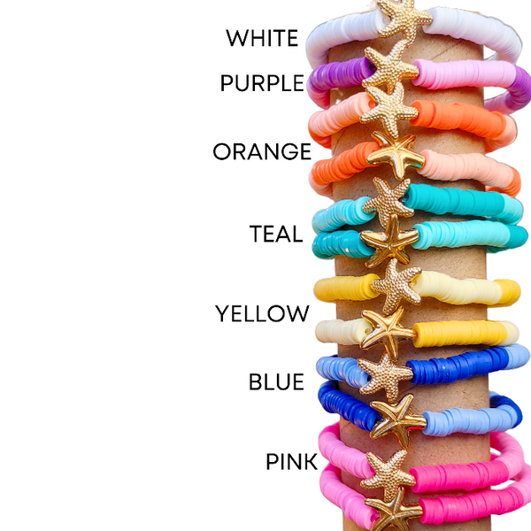 Bring the ocean to your accessory collection with our Preppy Starfish Bracelet. Adorned with a two tone colorful Heishi Clay beads, this summer bracelet is perfect for gifting or accessorizing your own look. Enjoy the bold bright ocean vibes and stretch fit of this bracelet, also perfect for stacking. 