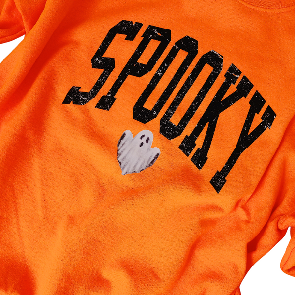 Unleash your spooky style with our Spooky Ghost Sweatshirt! Featuring a cute ghost with the word SPOOKY in varsity lettering and a distressed design, this sweatshirt is perfect for Halloween parties and the entire spooky season. Size up for an oversized fit. Get yours today and join the ghost squad!