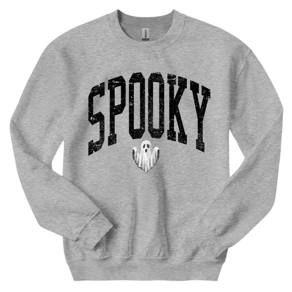 Unleash your spooky style with our Spooky Ghost Sweatshirt! Featuring a cute ghost with the word SPOOKY in varsity lettering and a distressed design, this sweatshirt is perfect for Halloween parties and the entire spooky season. Size up for an oversized fit. Get yours today and join the ghost squad!