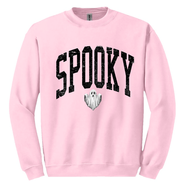 Unleash your spooky style with our Spooky Ghost Sweatshirt! Featuring a cute ghost with the word SPOOKY in varsity lettering and a distressed design, this sweatshirt is perfect for Halloween parties and the entire spooky season. Size up for an oversized fit. Get yours today and join the ghost squad!