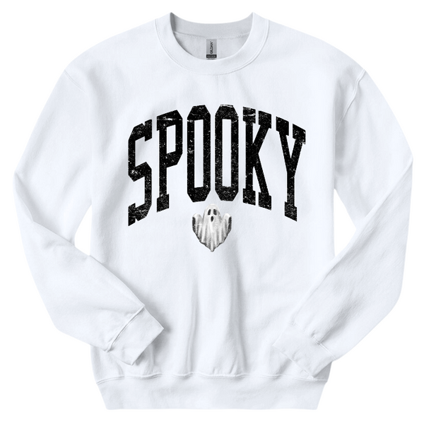 Unleash your spooky style with our Spooky Ghost Sweatshirt! Featuring a cute ghost with the word SPOOKY in varsity lettering and a distressed design, this sweatshirt is perfect for Halloween parties and the entire spooky season. Size up for an oversized fit. Get yours today and join the ghost squad!