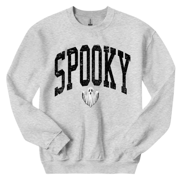 Unleash your spooky style with our Spooky Ghost Sweatshirt! Featuring a cute ghost with the word SPOOKY in varsity lettering and a distressed design, this sweatshirt is perfect for Halloween parties and the entire spooky season. Size up for an oversized fit. Get yours today and join the ghost squad!