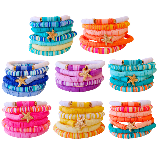 Brighten your summer look with these cheerful preppy bracelets! Crafted with colorful clay beads, they are perfect for stacking or wearing alone for a splash of fun. Great for accessorizing any outfit or as a gift idea - these beaded bracelets are sure to brighten up your day!