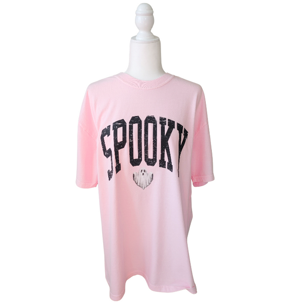 Introducing our Spooky Varsity Lettering Ghost T-Shirt, perfect for Halloween parties and spooky season. This distressed, design features a cute ghost and is available in comfort color t-shirts. Size up for an oversized, yet stylish fit. Make a statement with our exclusive Spooky Halloween Shirt.