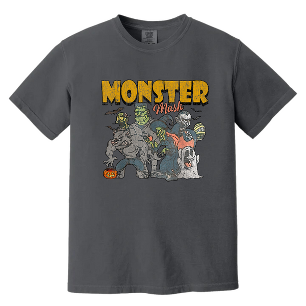 Get in the Halloween spirit with our Retro Halloween Shirt! This Monster Mash shirt features a unique distressed vintage design on a comfortable Comfort Colors tee. With a spooky and fun design, it's the perfect shirt for all your Halloween festivities. Available in both comfort color t-shirts and Gildan crewneck sweatshirts, you can't go wrong with this Monster Tee. Size up for an oversized fit!