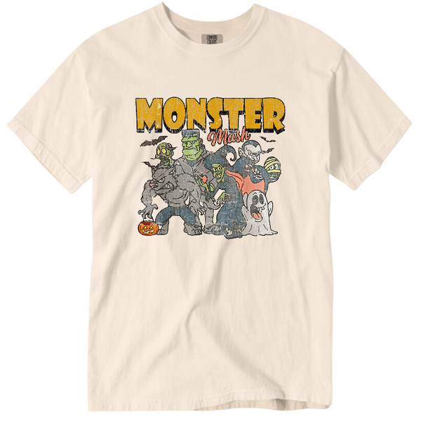 Get in the Halloween spirit with our Retro Halloween Shirt! This Monster Mash shirt features a unique distressed vintage design on a comfortable Comfort Colors tee. With a spooky and fun design, it's the perfect shirt for all your Halloween festivities. Available in both comfort color t-shirts and Gildan crewneck sweatshirts, you can't go wrong with this Monster Tee. Size up for an oversized fit!