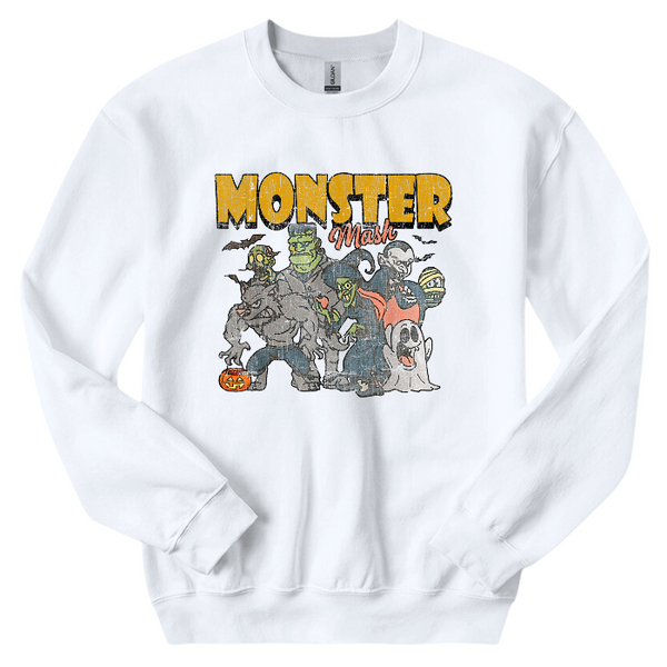 Get in the Halloween spirit with our Retro Halloween Shirt! This Monster Mash shirt features a unique distressed vintage design on a comfortable Comfort Colors tee. With a spooky and fun design, it's the perfect shirt for all your Halloween festivities. Available in both comfort color t-shirts and Gildan crewneck sweatshirts, you can't go wrong with this Monster Tee. Size up for an oversized fit!