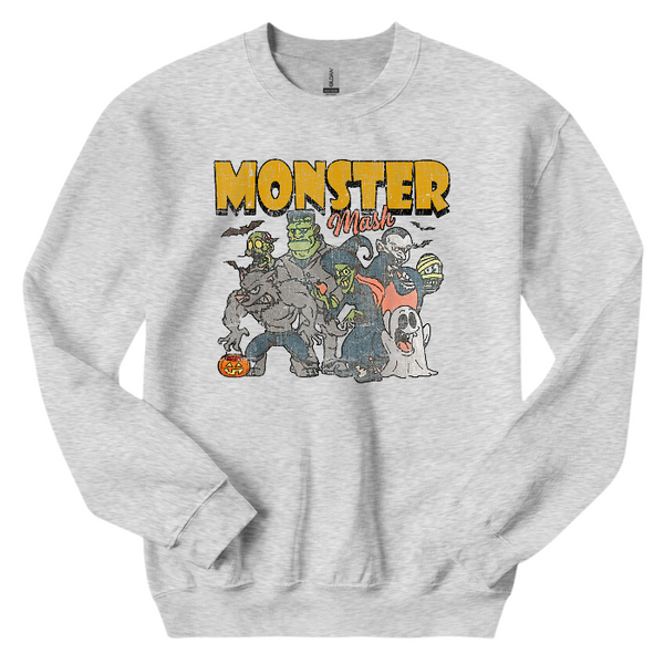 Get in the Halloween spirit with our Retro Halloween Shirt! This Monster Mash shirt features a unique distressed vintage design on a comfortable Comfort Colors tee. With a spooky and fun design, it's the perfect shirt for all your Halloween festivities. Available in both comfort color t-shirts and Gildan crewneck sweatshirts, you can't go wrong with this Monster Tee. Size up for an oversized fit!