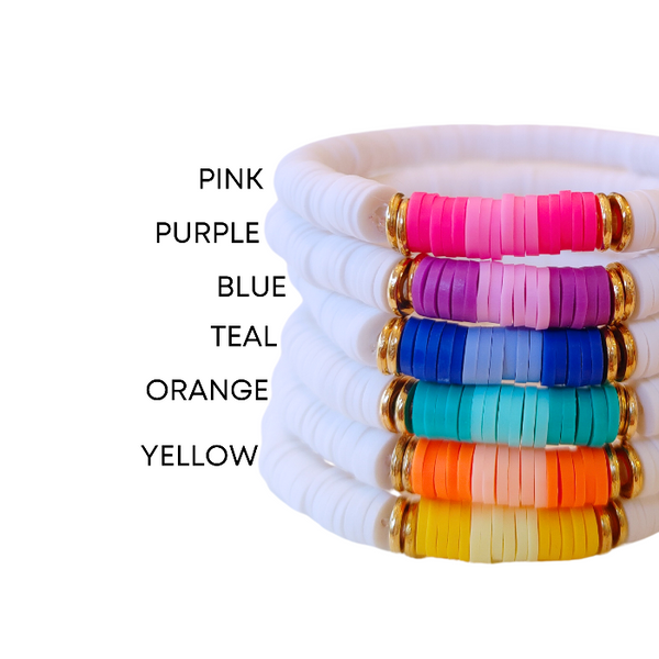 Express your summer style with these bright and cheerful Ombre Preppy Bracelets! Featuring a mix of Heishi clay beads, these colorful bracelets are perfect to wear alone or stacking to add a little fun to any outfit. Great for gifts for her! Who wouldn't love these cheerful, summer-inspired bracelets?