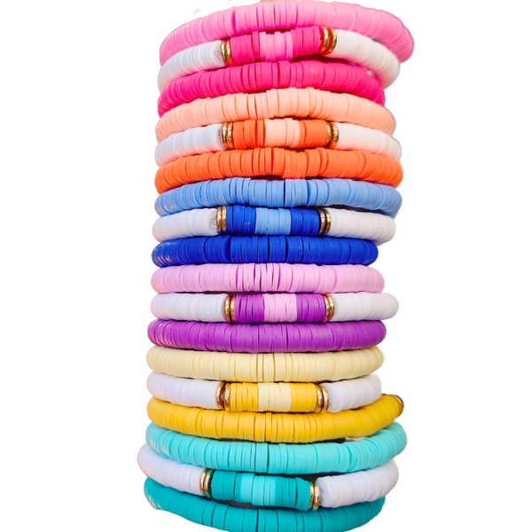 Express your summer style with these bright and cheerful Ombre Preppy Bracelets! Featuring a mix of Heishi clay beads, these colorful bracelets are perfect to wear alone or stacking to add a little fun to any outfit. Great for gifts for her! Who wouldn't love these cheerful, summer-inspired bracelets?