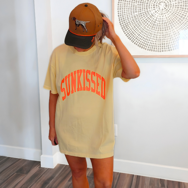 This neon Sunkissed shirt is the perfect summer tee. Comfortable and stylish, it's perfect for the beach, pool or simply enjoying a warm day. Brighten up your wardrobe in this trendy soft bright neon t-shirt you'll want to wear all year round! This is your ultimate summer t-shirt.