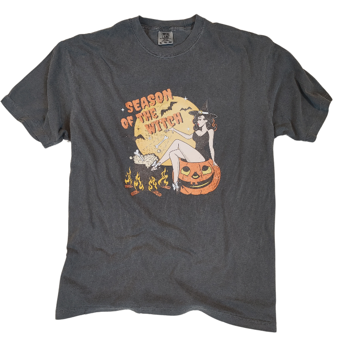 Get into the spooky spirit with our Season of the Witch Shirt. The distressed vintage Halloween design adds retro charm to this cute and funny shirt. With witchy vibes and a variety of options, including comfort color t-shirts and Gildan crewneck sweatshirts, you'll be ready for Halloween in style. (Size up for an oversized fit!)