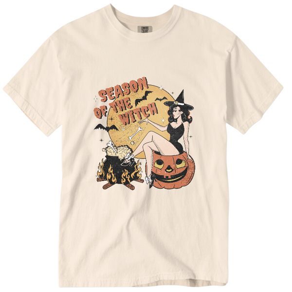 Get into the spooky spirit with our Season of the Witch Shirt. The distressed vintage Halloween design adds retro charm to this cute and funny shirt. With witchy vibes and a variety of options, including comfort color t-shirts and Gildan crewneck sweatshirts, you'll be ready for Halloween in style. (Size up for an oversized fit!)