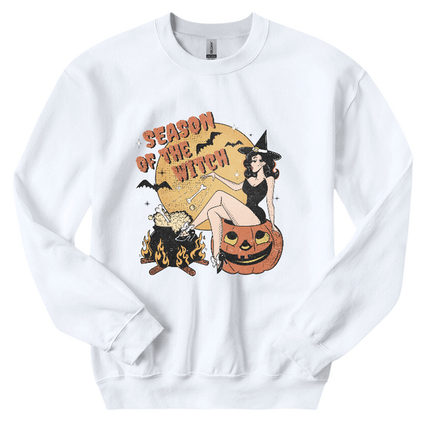 Get into the spooky spirit with our Season of the Witch Shirt. The distressed vintage Halloween design adds retro charm to this cute and funny shirt. With witchy vibes and a variety of options, including comfort color t-shirts and Gildan crewneck sweatshirts, you'll be ready for Halloween in style. (Size up for an oversized fit!)