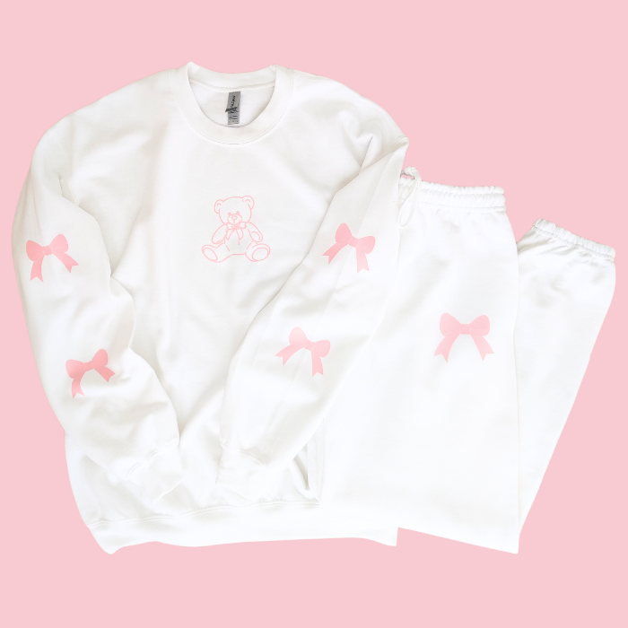 teddy bear pink bow sweatsuit set