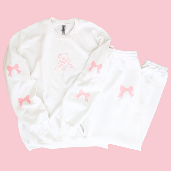 teddy bear pink bow sweatsuit set