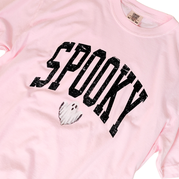 Introducing our Spooky Varsity Lettering Ghost T-Shirt, perfect for Halloween parties and spooky season. This distressed, design features a cute ghost and is available in comfort color t-shirts. Size up for an oversized, yet stylish fit. Make a statement with our exclusive Spooky Halloween Shirt.