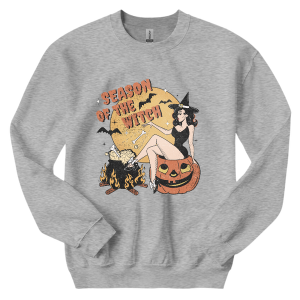 Get into the spooky spirit with our Season of the Witch Shirt. The distressed vintage Halloween design adds retro charm to this cute and funny shirt. With witchy vibes and a variety of options, including comfort color t-shirts and Gildan crewneck sweatshirts, you'll be ready for Halloween in style. (Size up for an oversized fit!)