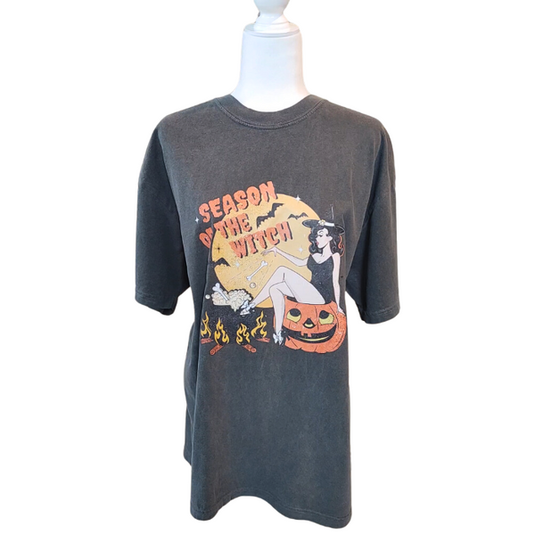 Get into the spooky spirit with our Season of the Witch Shirt. The distressed vintage Halloween design adds retro charm to this cute and funny shirt. With witchy vibes and a variety of options, including comfort color t-shirts and Gildan crewneck sweatshirts, you'll be ready for Halloween in style. (Size up for an oversized fit!)