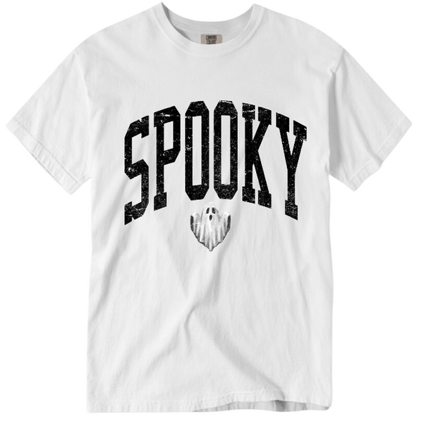 Introducing our Spooky Varsity Lettering Ghost T-Shirt, perfect for Halloween parties and spooky season. This distressed, design features a cute ghost and is available in comfort color t-shirts. Size up for an oversized, yet stylish fit. Make a statement with our exclusive Spooky Halloween Shirt.