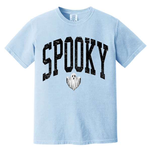 Introducing our Spooky Varsity Lettering Ghost T-Shirt, perfect for Halloween parties and spooky season. This distressed, design features a cute ghost and is available in comfort color t-shirts. Size up for an oversized, yet stylish fit. Make a statement with our exclusive Spooky Halloween Shirt.