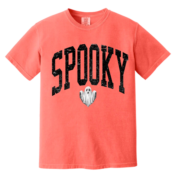 Introducing our Spooky Varsity Lettering Ghost T-Shirt, perfect for Halloween parties and spooky season. This distressed, design features a cute ghost and is available in comfort color t-shirts. Size up for an oversized, yet stylish fit. Make a statement with our exclusive Spooky Halloween Shirt.