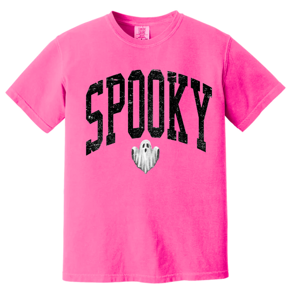 Introducing our Spooky Varsity Lettering Ghost T-Shirt, perfect for Halloween parties and spooky season. This distressed, design features a cute ghost and is available in comfort color t-shirts. Size up for an oversized, yet stylish fit. Make a statement with our exclusive Spooky Halloween Shirt.