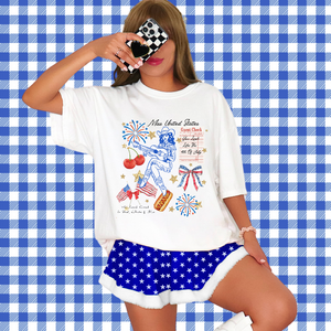 Get ready to celebrate in style with our 4th of July charms inspired cowgirl t-shirt! Made with 100% cotton from Comfort Colors, it's not only trendy but so comfortable. Featuring a playful tagline "You look like the fourth of July" and a coquette preppy bow design, this shirt is perfect for summer and all year around for showing off your patriotic pride. Don't forget to size up for an oversized look.